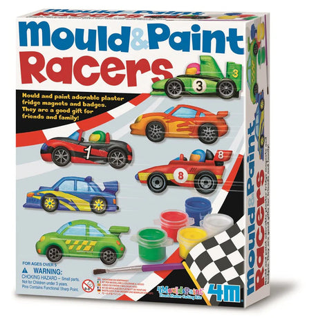 Box of mould and paint racers toy set with colorful cars and tools on a white background