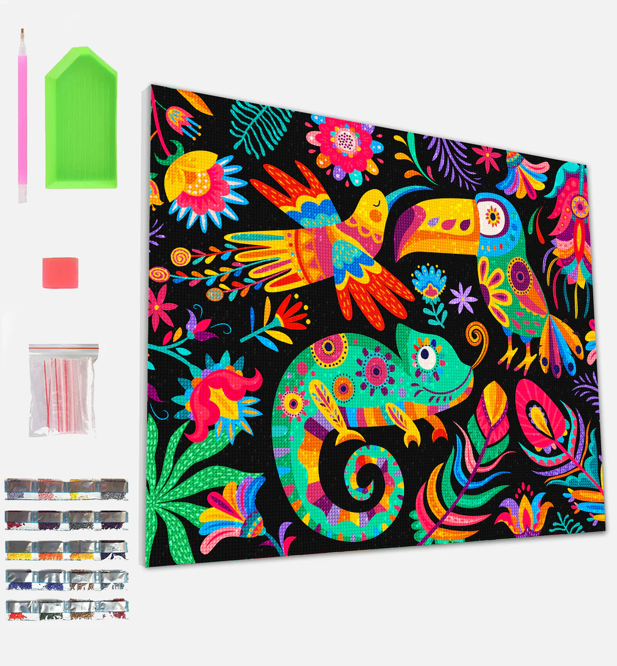 Colorful animal pattern on a black background with stationery items.