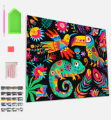 Colorful animal pattern on a black background with stationery items.