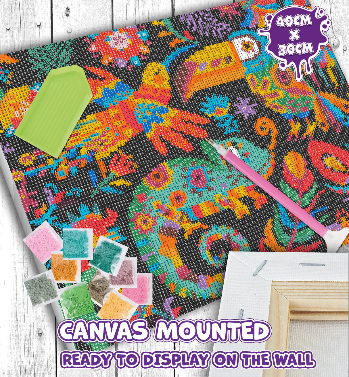 Colorful diamond painting canvas with tools on a wooden surface