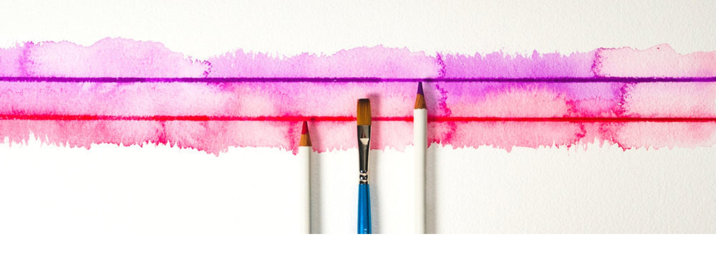 Heading which reads FINE ART SUPPLIES over a color swatch with pink, purple, and red on a white background with two pencils and a paintbrush. 