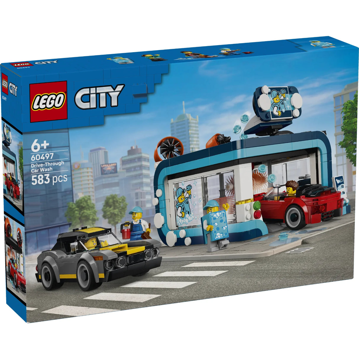 LEGO City Drive-Thru Car Wash set packaging with cityscape background