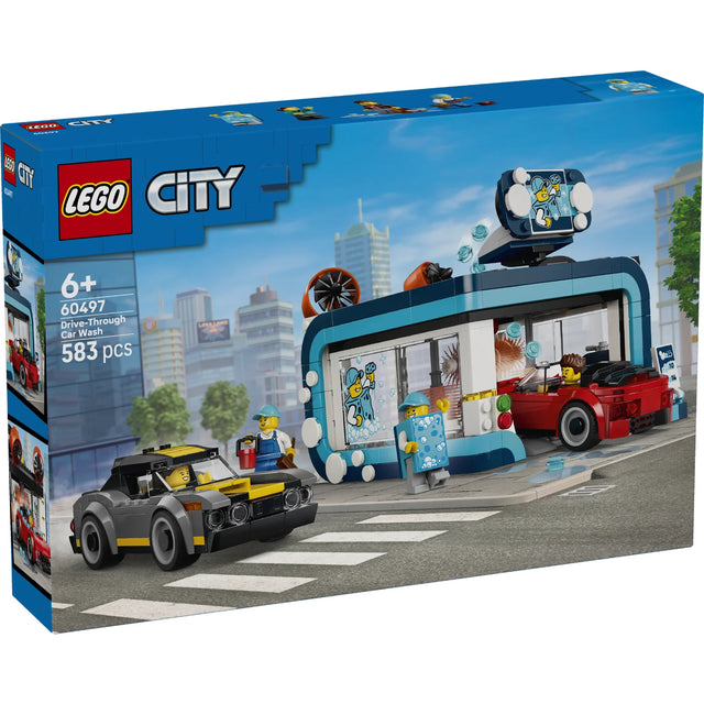 LEGO City Drive-Thru Car Wash set packaging with cityscape background