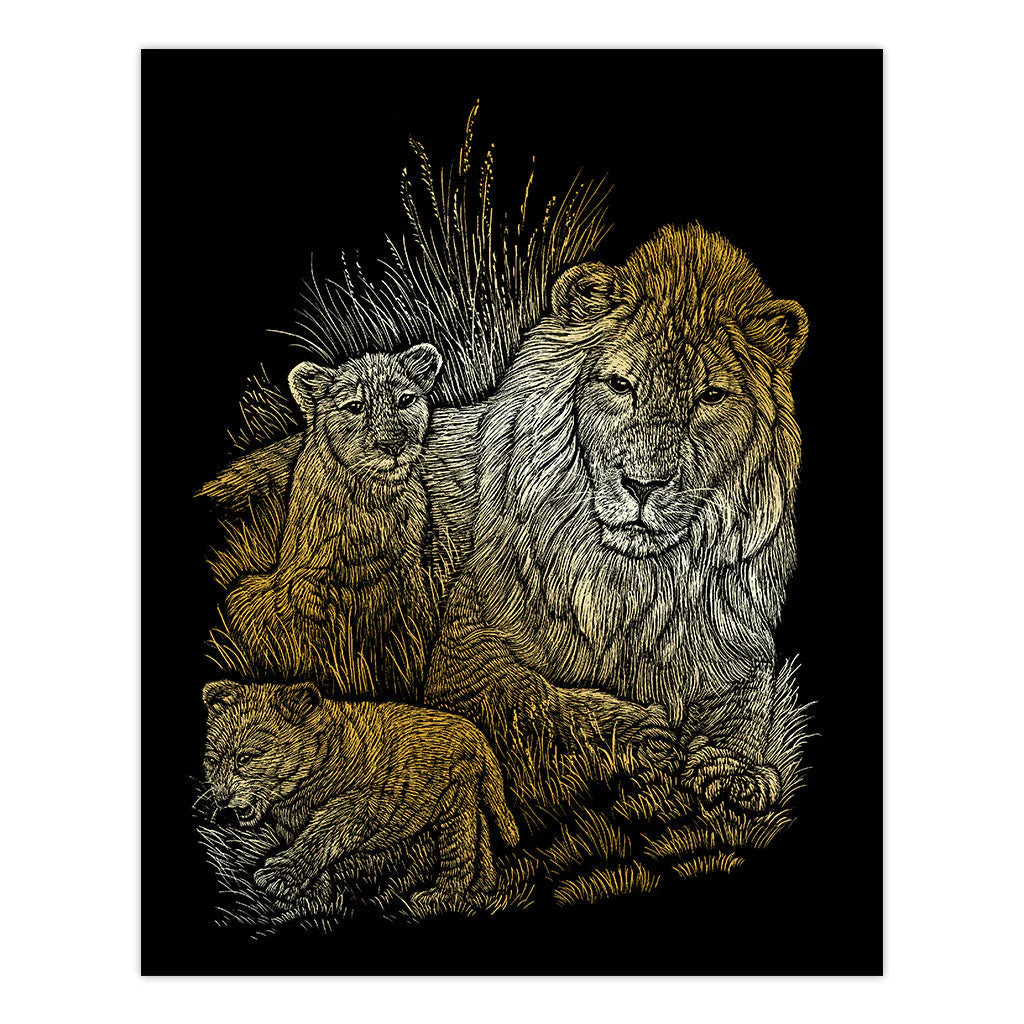 Engraving Art 8" x 10" Gold Foil - Lion & Cubs