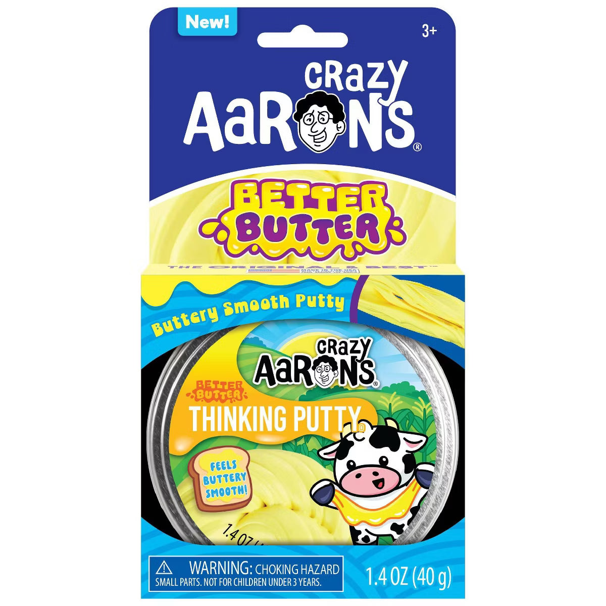 Crazy Aaron's Better Butter Thinking Putty packaging with a cow character on a white background