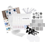 Gel printing kit with plates, stencils, and tools on a white background