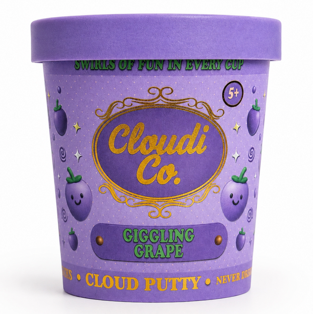 A purple container of Cloudi Co. Giggling Grape Cloud Putty, featuring a matching purple lid and a label decorated with cute smiling grape illustrations and gold and green text.