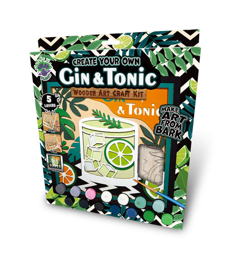 Gin & Tonic wooden art craft kit packaging with decorative elements and text.