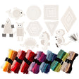 Cross-stitching kit with pre-cut patterns, colorful threads, and tools on a white background