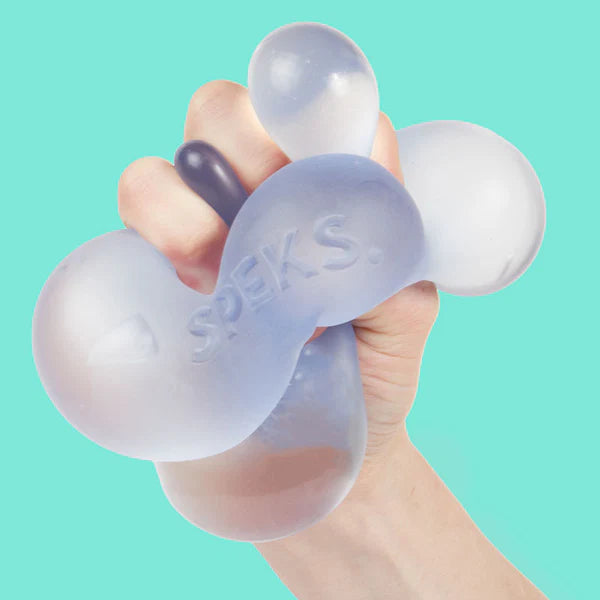 Hand holding a silicone stress ball with 'Swell' branding against a teal background