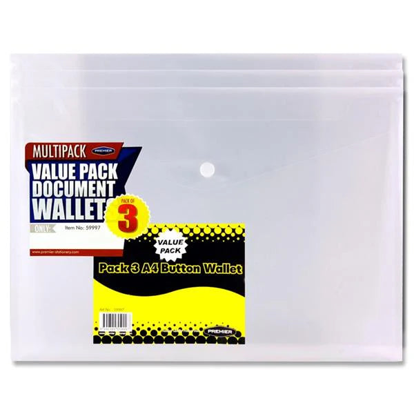 Premier A4 Button Document Wallets - Clear (Pack of 3)