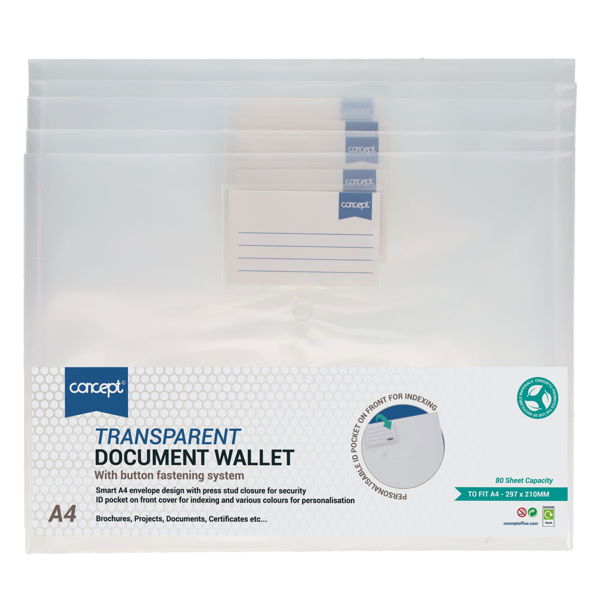 Concept A4 Button Document Wallets - Clear (5 Pack)