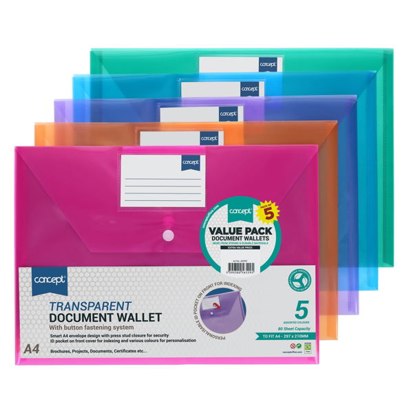 Concept A4 Button Document Wallets - Assorted Colours (5 Pack)