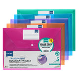 Concept A4 Button Document Wallets - Assorted Colours (5 Pack)