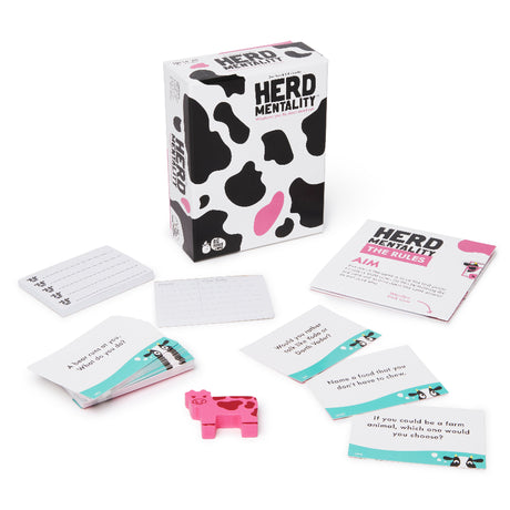 HERD Mentality game components including cards and a cow-shaped piece on a white background