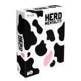 Card game box titled 'Herd Mentality' with black and pink abstract patterns on a white background