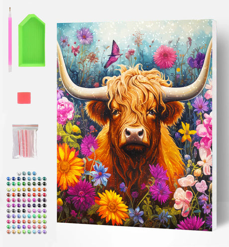 Painting of a highland cow surrounded by flowers and butterflies with diamond painting tools on the side.