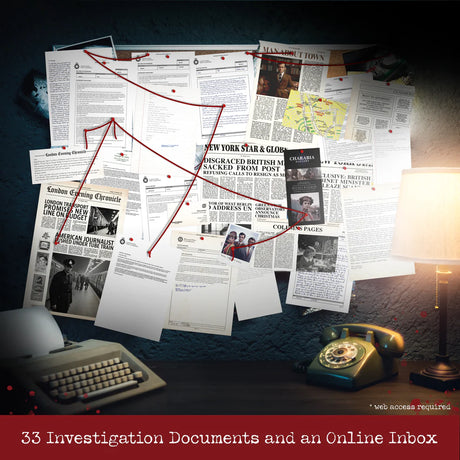 Collection of investigation documents with newspaper clippings on a desk with a lamp and typewriter.