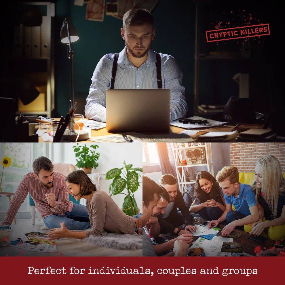 Man working on a laptop with 'Cryptic Killers' text, followed by a group playing a board game.