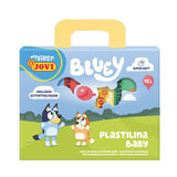 My First Bluey Plastilina Baby toy set in a light blue and green box with a yellow handle, featuring Bluey and Bingo illustrations and colorful plastic modeling pieces.