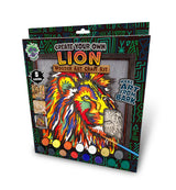 A packaged wooden art craft kit showing a colorful lion illustration on the front, with text reading 'Create Your Own Lion Wooden Art Craft Kit' and 'Make Art From Bark.' The box includes multiple color paint wells and small inset images of materials, photographed on a light gray background.