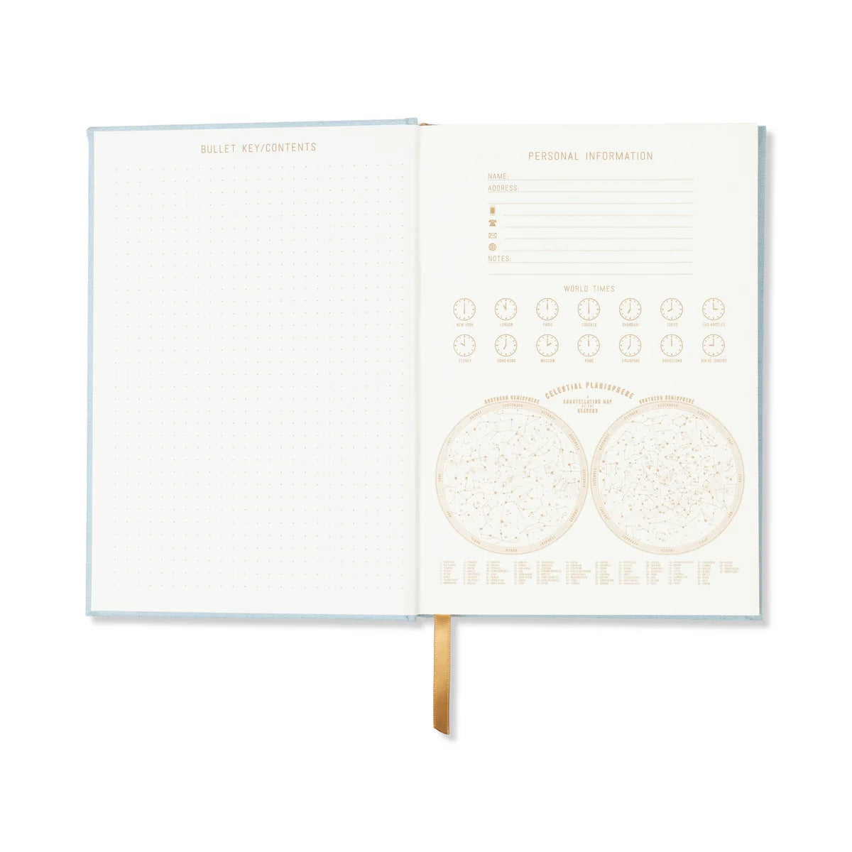 An open bullet journal with a light blue cover and cream-colored interior pages, showing grid sections on the left and calendar/plan inserts on the right, with a gold ribbon bookmark hanging from the bottom.