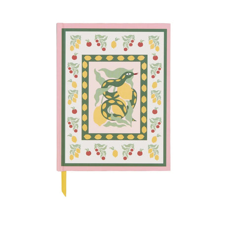 Notebook with a decorative cover featuring a snake and fruit design on a white background