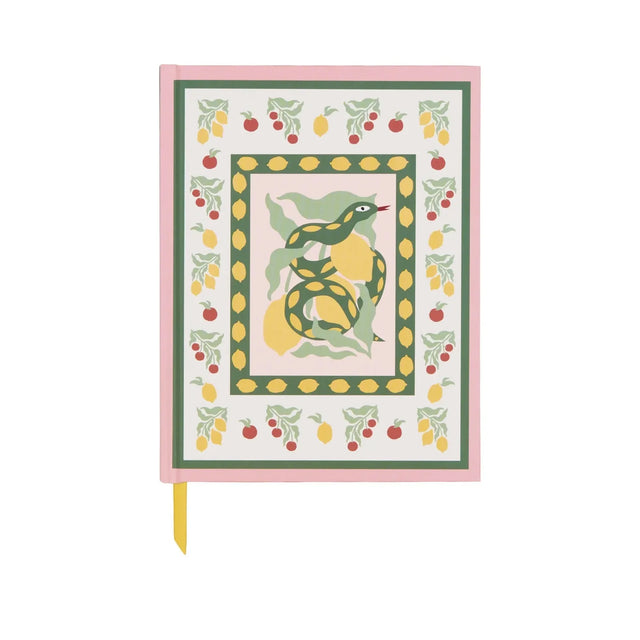 Notebook with a decorative cover featuring a snake and fruit design on a white background