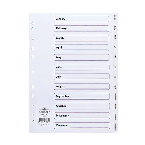 Concord Index January-December A4 Polypropylene White 64701
