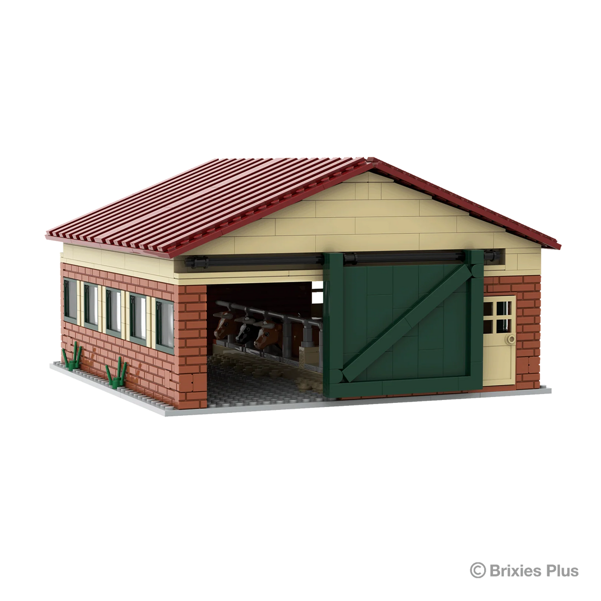 Model of a barn with red roof and brick walls on a white background