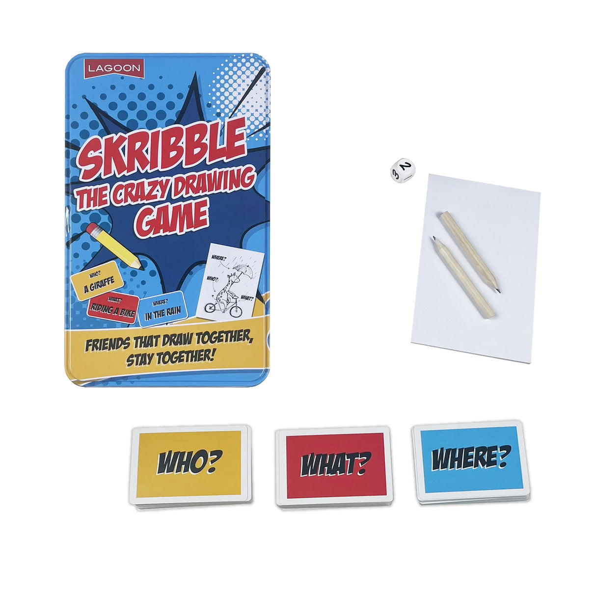 Skribble game packaging with cards and pencils on a white background