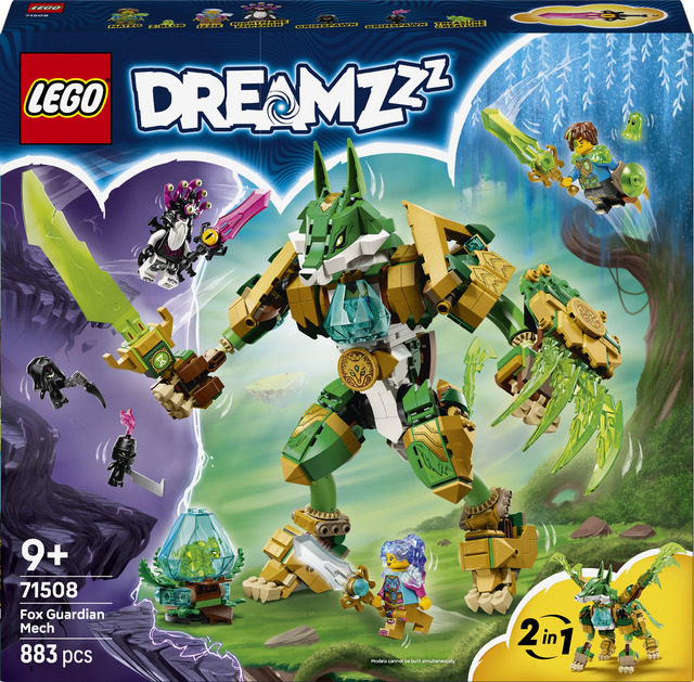 LEGO Fox Guardian Mech set packaging with characters and dragon on a colorful box