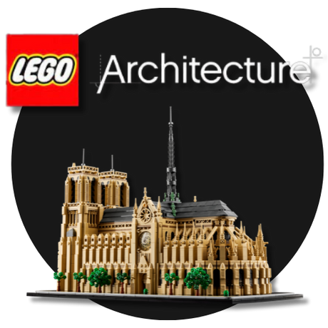 LEGO Architecture model of Notre Dam cathedral on a black background with LEGO logo.