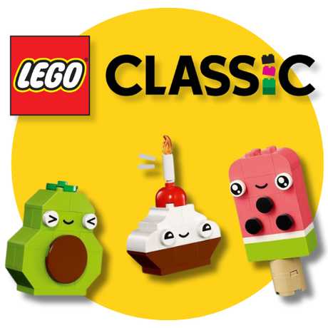 LEGO Classic set with a yellow background featuring a green avocado, white cake with a candle, and pink watermelon lolly with a face.