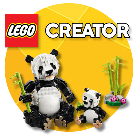 LEGO Creator set with panda figures on a yellow background
