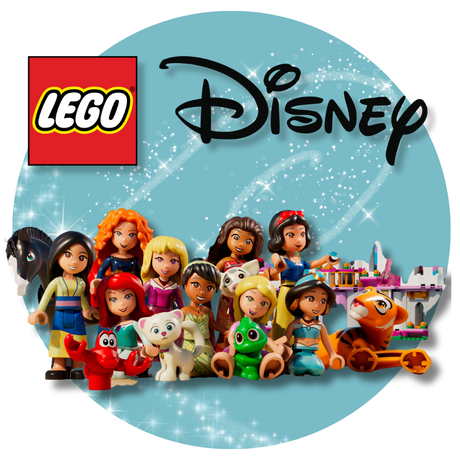 LEGO Disney princess characters on a blue background with LEGO and Disney logos.