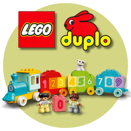 LEGO Duplo train set with numbers and characters on a green background