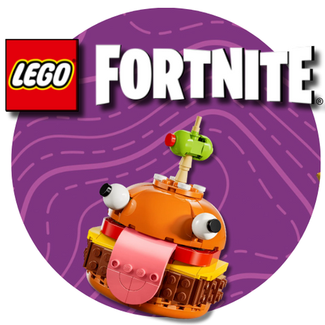 LEGO Fortnite Durr-Burger character on a purple background with LEGO and Fortnite logos.