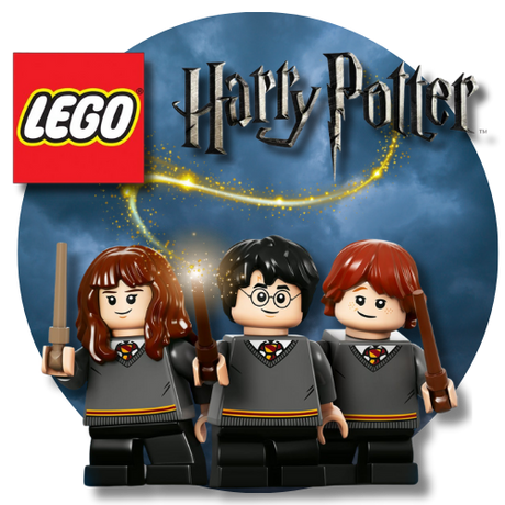 LEGO Harry Potter minifigures with wands against a blue background with LEGO and Harry Potter logos.