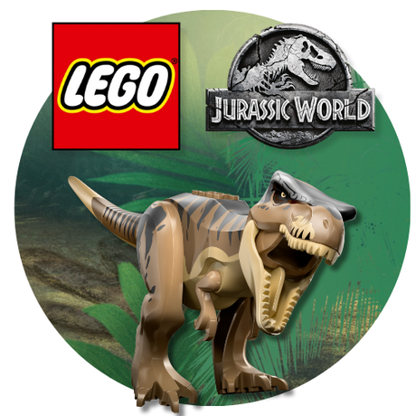 LEGO Jurassic World T-Rex figure on a green background with LEGO and Jurassic World logos.