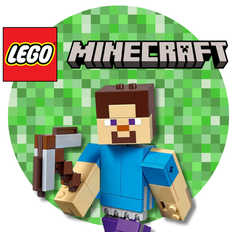 LEGO Minecraft character with pixelated green background