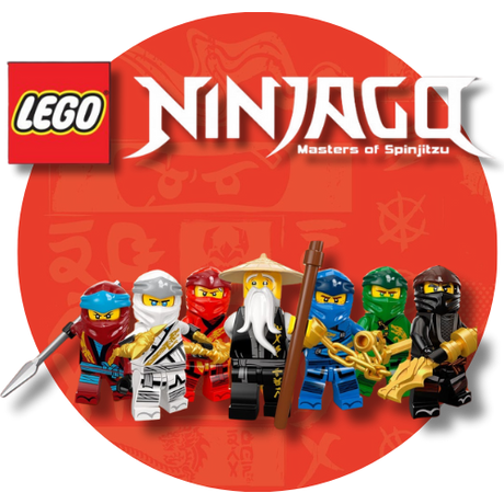 LEGO Ninjago figures on a red background with the LEGO logo.