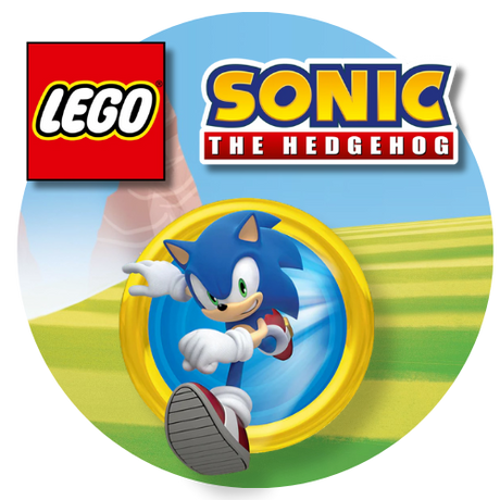 Lego Sonic the Hedgehog logo with Sonic character on a blue and yellow background