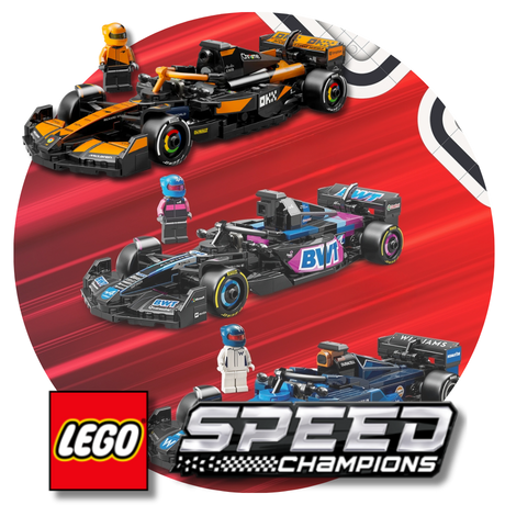 LEGO Speed Champions race cars on a red background with LEGO logo.