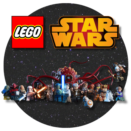 LEGO Star Wars figures on a dark background with LEGO and Star Wars logos.