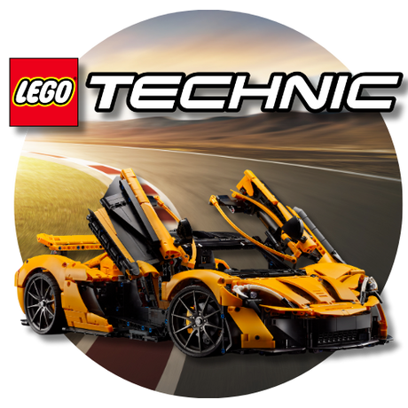 Yellow and black LEGO Technic model car on a road with 'LEGO Technic' branding.