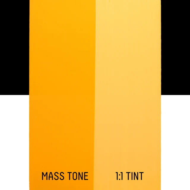 Liquitex Cadmium-Free Yellow Deep swatch with 'Mass Tone' and '1:1 Tint' labels  