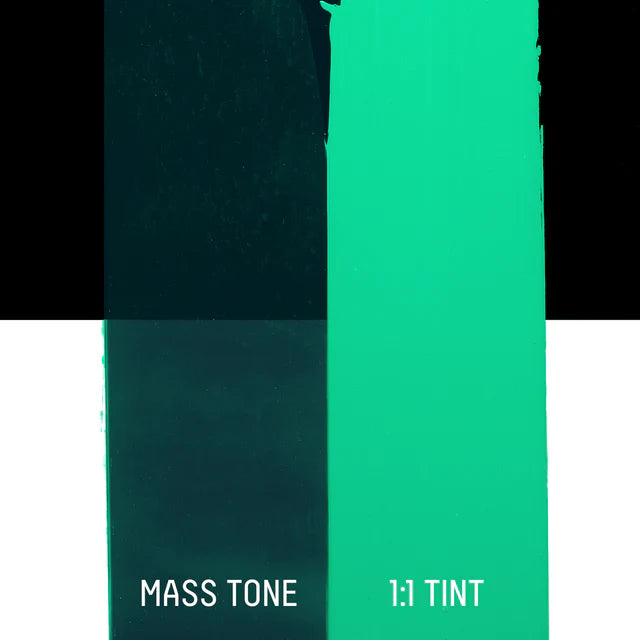 Liquitex Heavy Body Acrylic Paint in Transparent Viridian Hue swatch in two tones