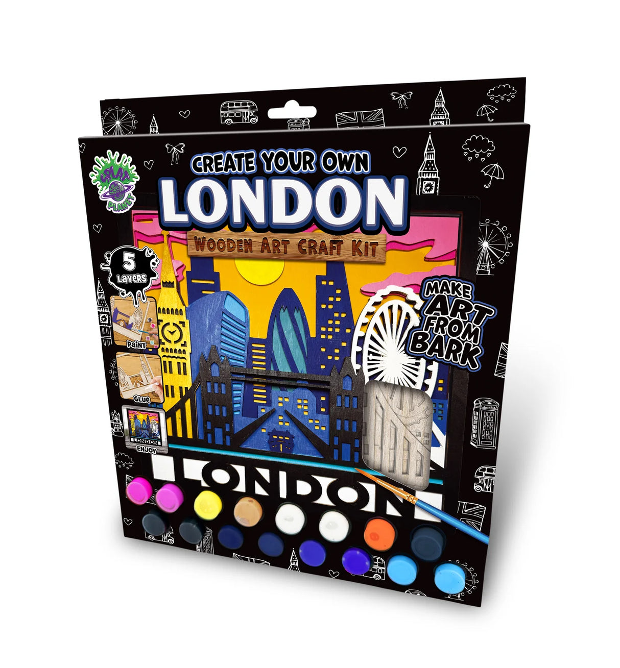 Packaging of a London-themed wooden art craft kit with colorful paint options on a white background.