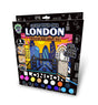 Packaging of a London-themed wooden art craft kit with colorful paint options on a white background.